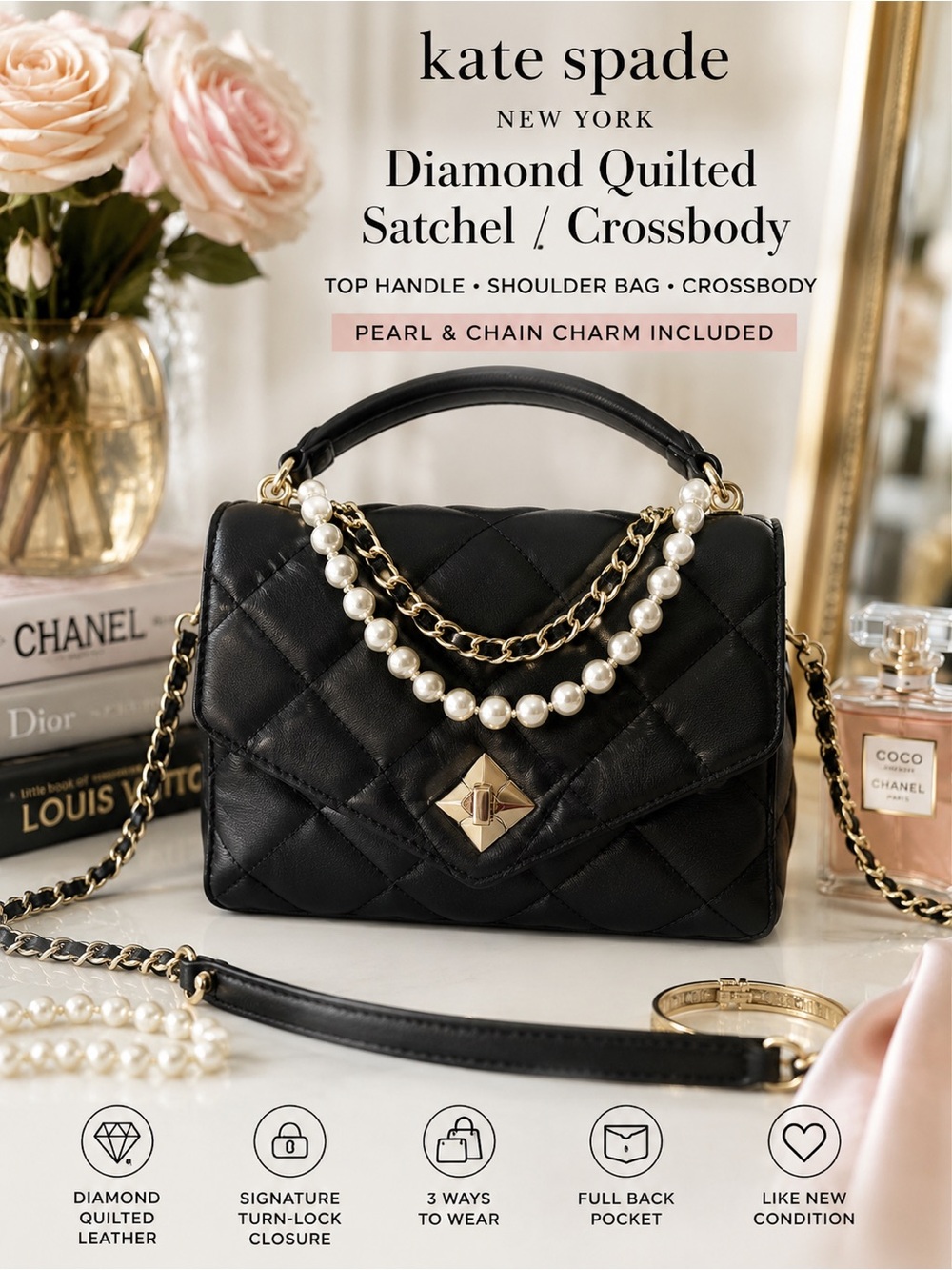 Kate Spade Diamond Black Quilted Top Handle Satchel - Crossbody & Pearl Charm